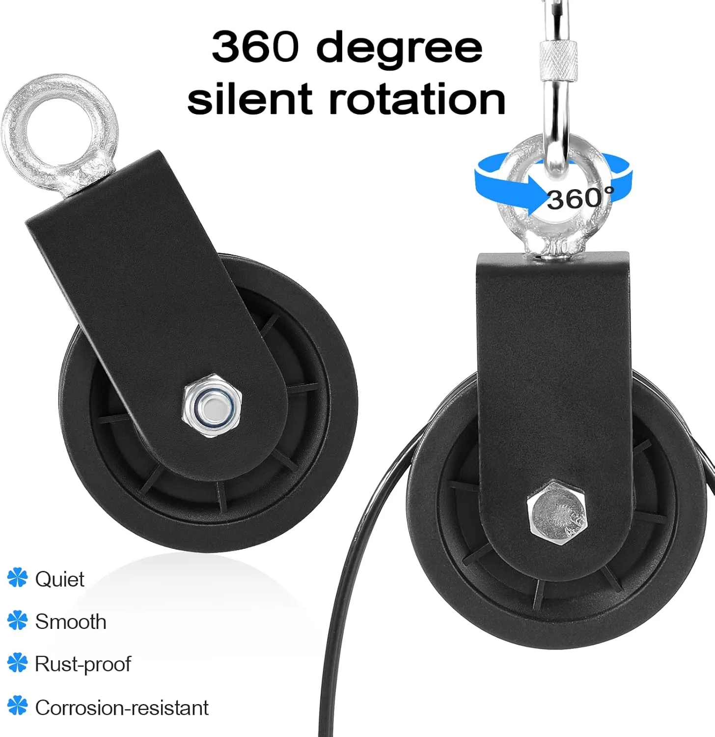 3.54 in Cable Pulley 360 Rotation Traction Wheel with Carabiner and Strap,Silence Smooth Detachable for DIY Gym Pulley System,DIY Gym Attachment Lifting Blocks,Ladder Lift,Hoists,Clothesline