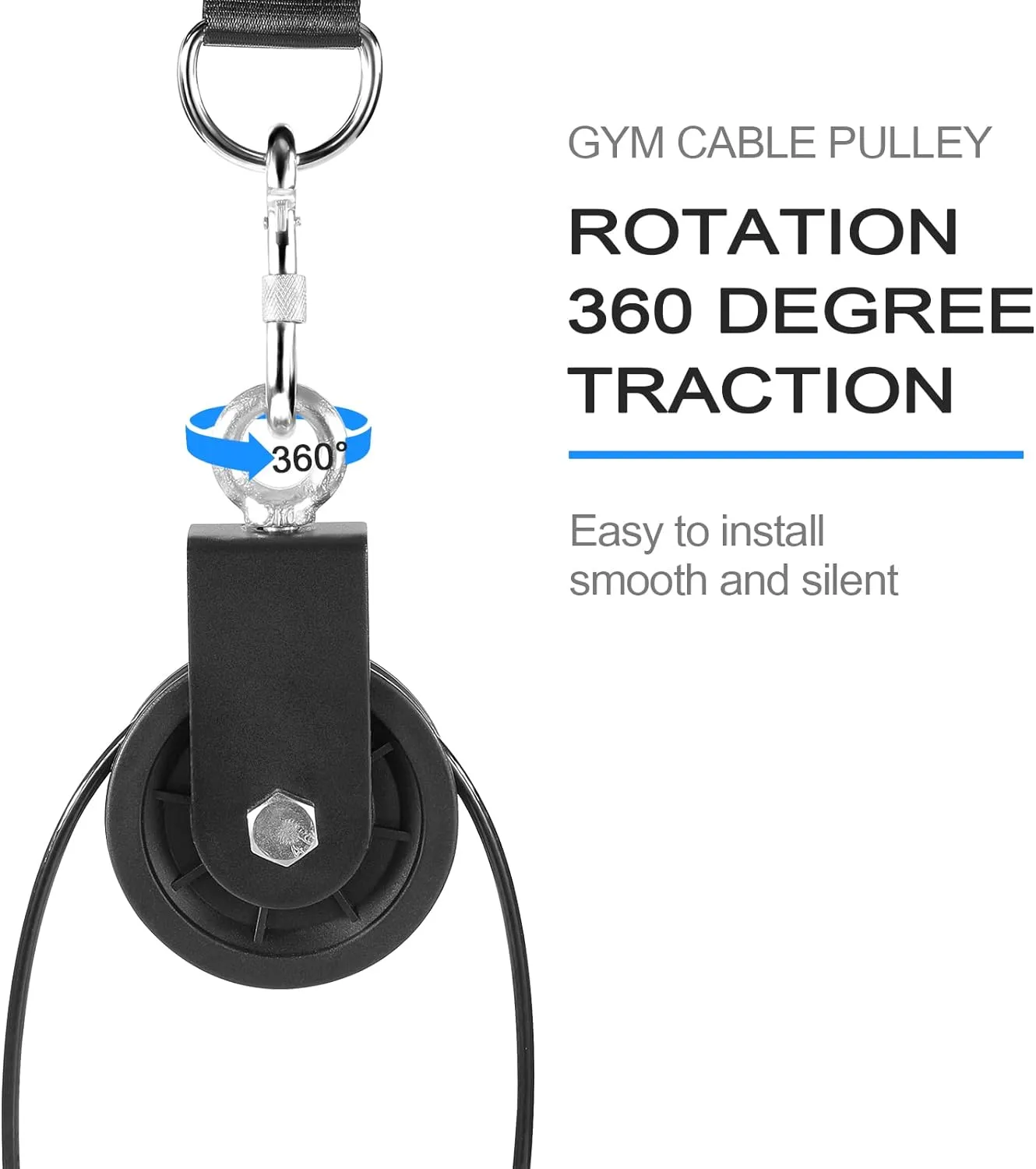 3.54 in Cable Pulley 360 Rotation Traction Wheel with Carabiner and Strap,Silence Smooth Detachable for DIY Gym Pulley System,DIY Gym Attachment Lifting Blocks,Ladder Lift,Hoists,Clothesline