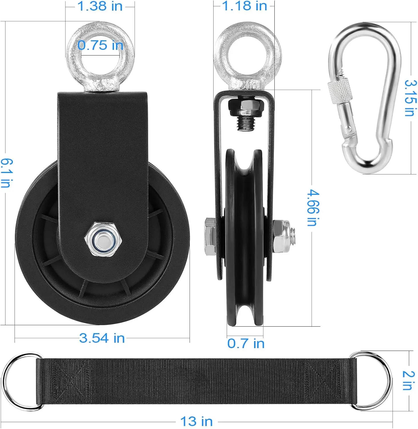 3.54 in Cable Pulley 360 Rotation Traction Wheel with Carabiner and Strap,Silence Smooth Detachable for DIY Gym Pulley System,DIY Gym Attachment Lifting Blocks,Ladder Lift,Hoists,Clothesline