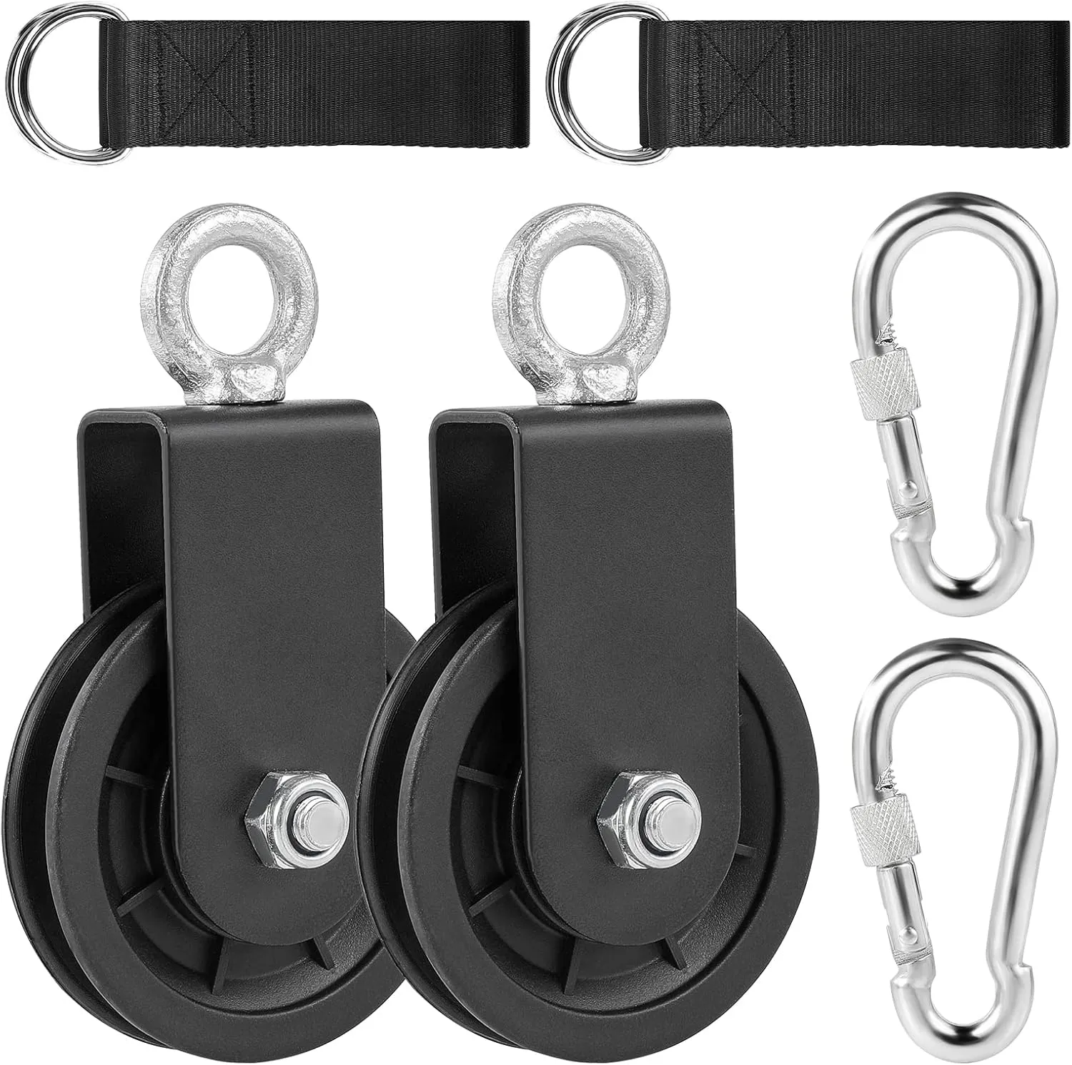 3.54 in Cable Pulley 360 Rotation Traction Wheel with Carabiner and Strap,Silence Smooth Detachable for DIY Gym Pulley System,DIY Gym Attachment Lifting Blocks,Ladder Lift,Hoists,Clothesline