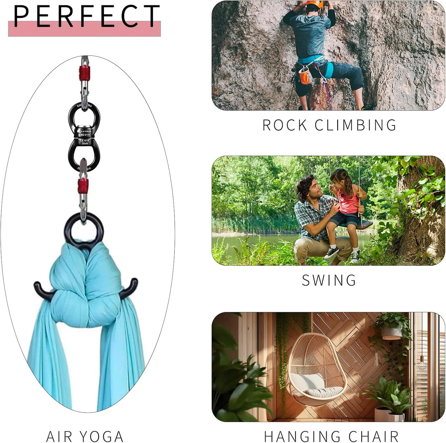 35kN Swing Swivel, CE Certified Safe Swivel Hook, 360°Rotational Device, Silent Hanging Accessory for Tree Swing, Aerial Dance, Swing Spinner Hanger, Rock Climbing, Hanging Hammock,Carabiner