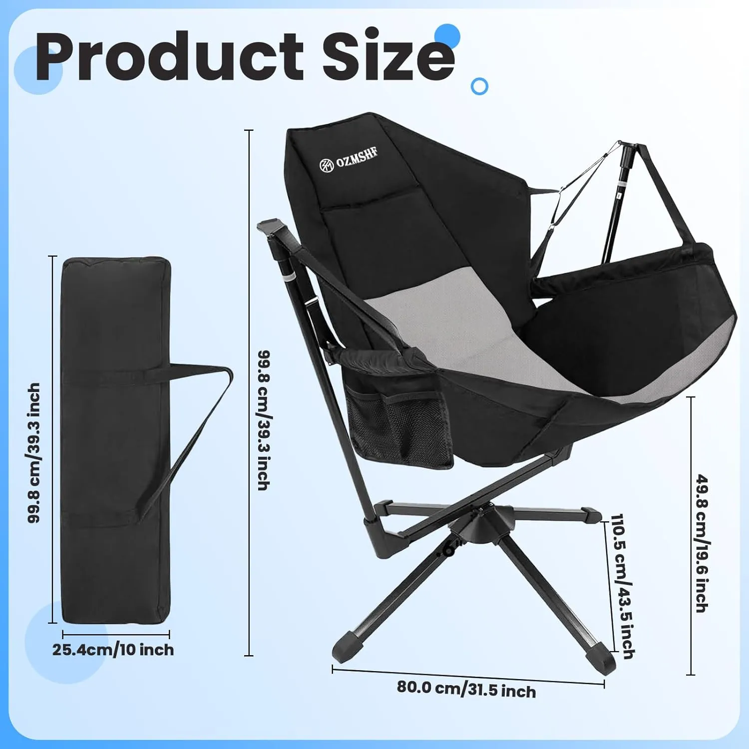 360 Degrees Swivel Camping Chair, Hammock Chair, Folding Rocking Chairs, Aluminum Alloy Adjustable Backrest Swing Chairs, for Outdoor Camping, Beach, Lawn(Black Grey)