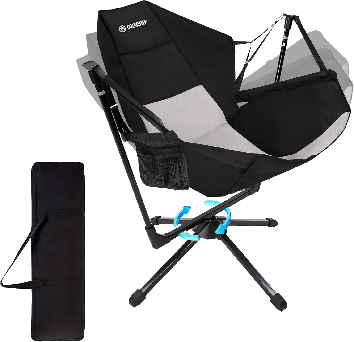 360 Degrees Swivel Camping Chair, Hammock Chair, Folding Rocking Chairs, Aluminum Alloy Adjustable Backrest Swing Chairs, for Outdoor Camping, Beach, Lawn(Black Grey)