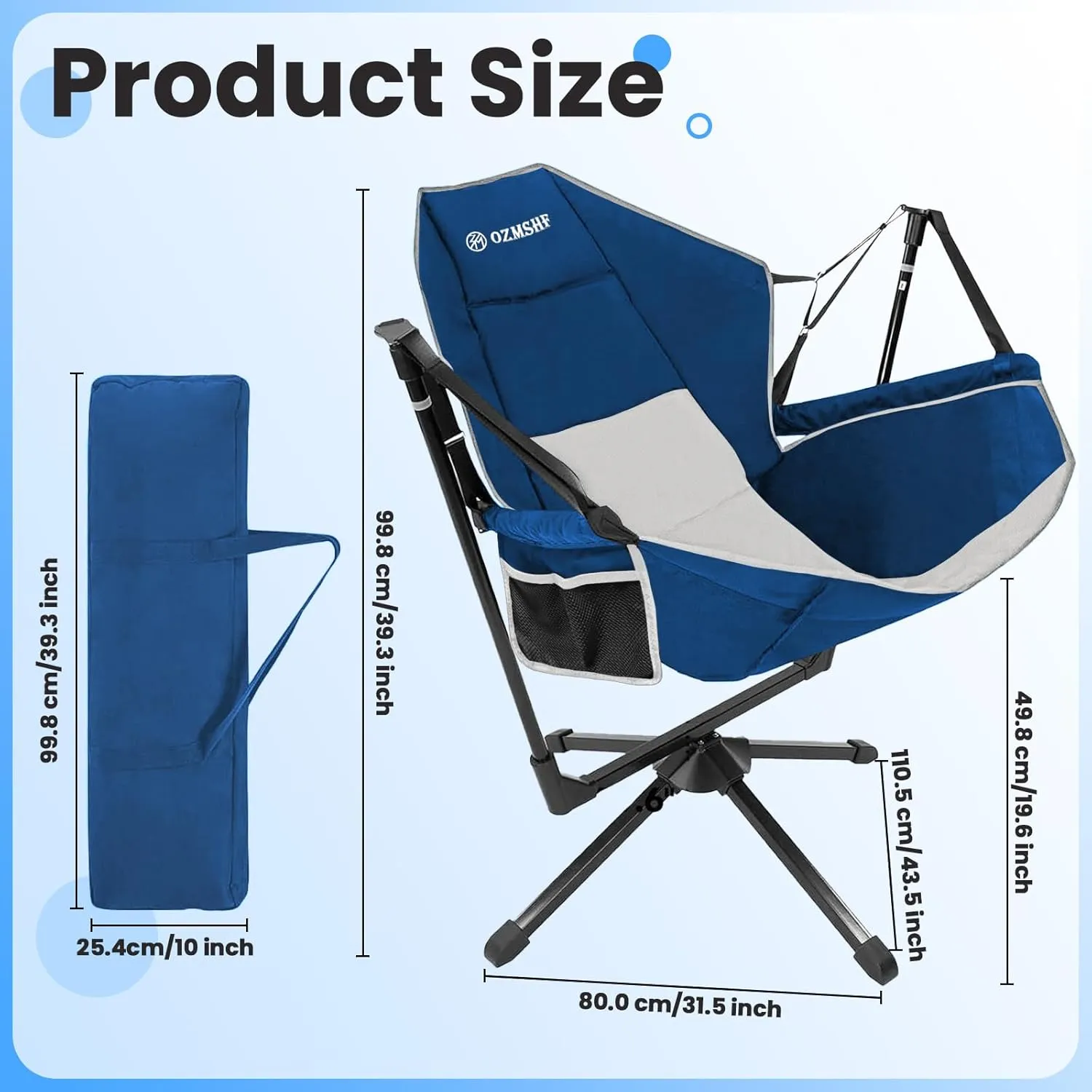 360 Degrees Swivel Camping Chair, Hammock Chair, Folding Rocking Chairs, Aluminum Alloy Adjustable Backrest Swing Chairs, for Outdoor Camping, Beach, Lawn(Blue Grey)