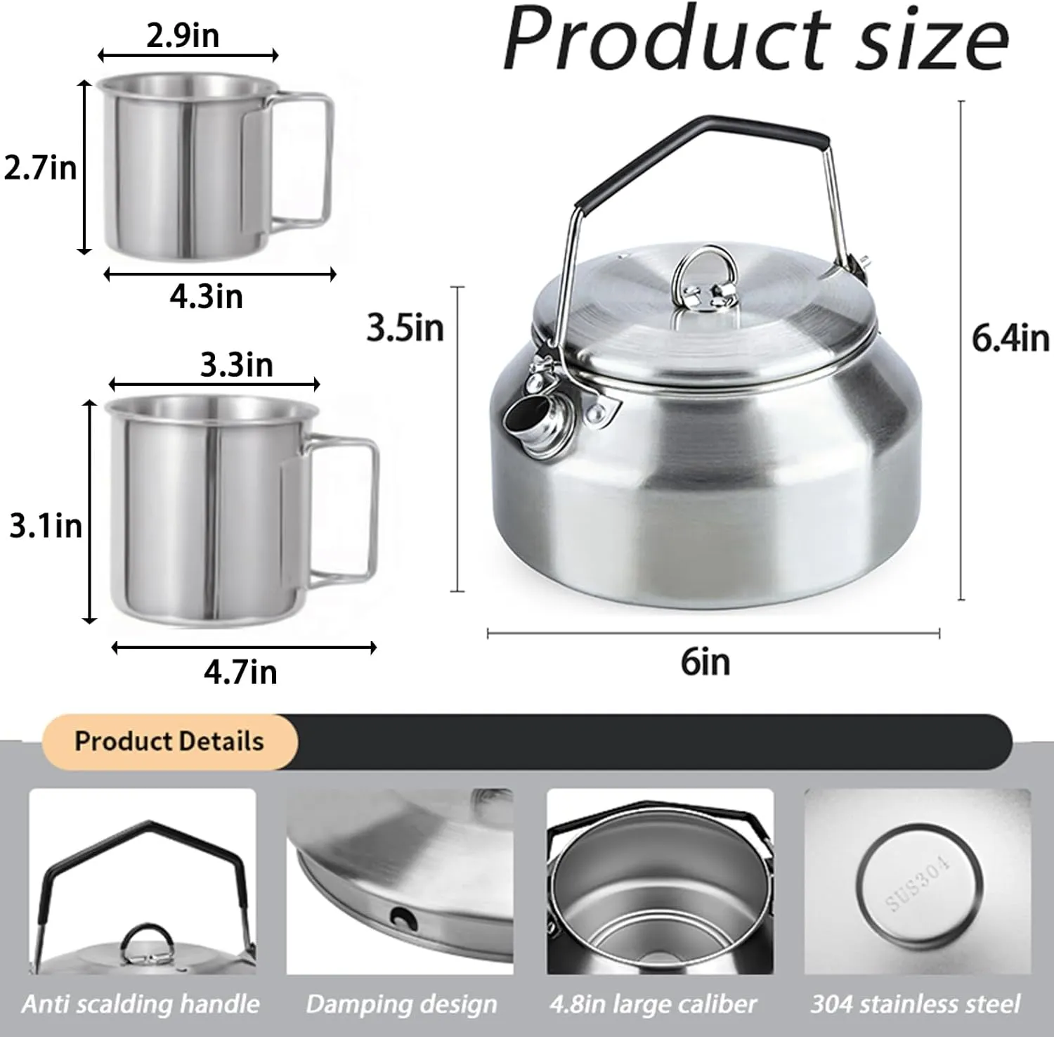 3PCS Camping Kettle Outdoor Campfire Camp Kettle Set with 2 Cups, 1L Stainless Steel camping tea kettle Coffee Pot, Portable Lightweight Teapot, Ideal for Hiking Picnic Travel, Silver