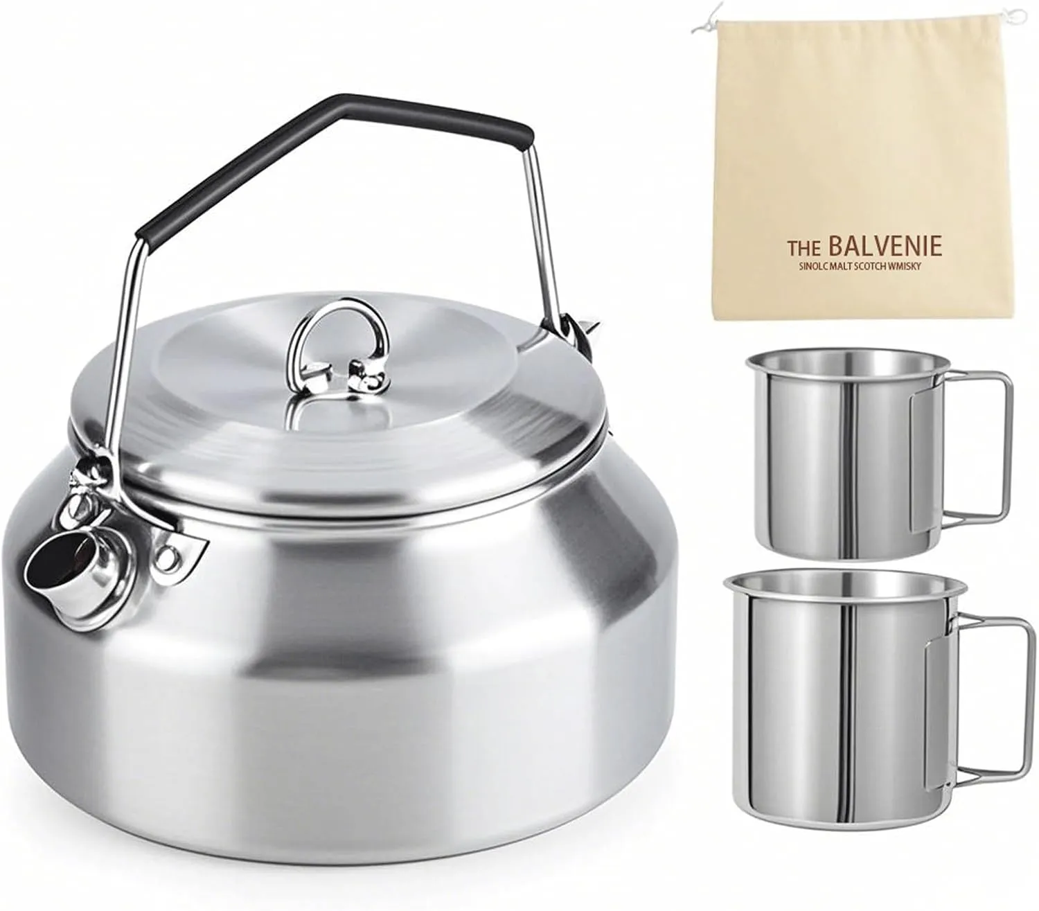 3PCS Camping Kettle Outdoor Campfire Camp Kettle Set with 2 Cups, 1L Stainless Steel camping tea kettle Coffee Pot, Portable Lightweight Teapot, Ideal for Hiking Picnic Travel, Silver