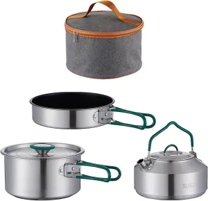 3X Camping Cooking Set Included Carry Bag Outdoor Cook Gear Stockpot Camping Cookware Frying Pan, Teapot, Kettle for Home BBQ
