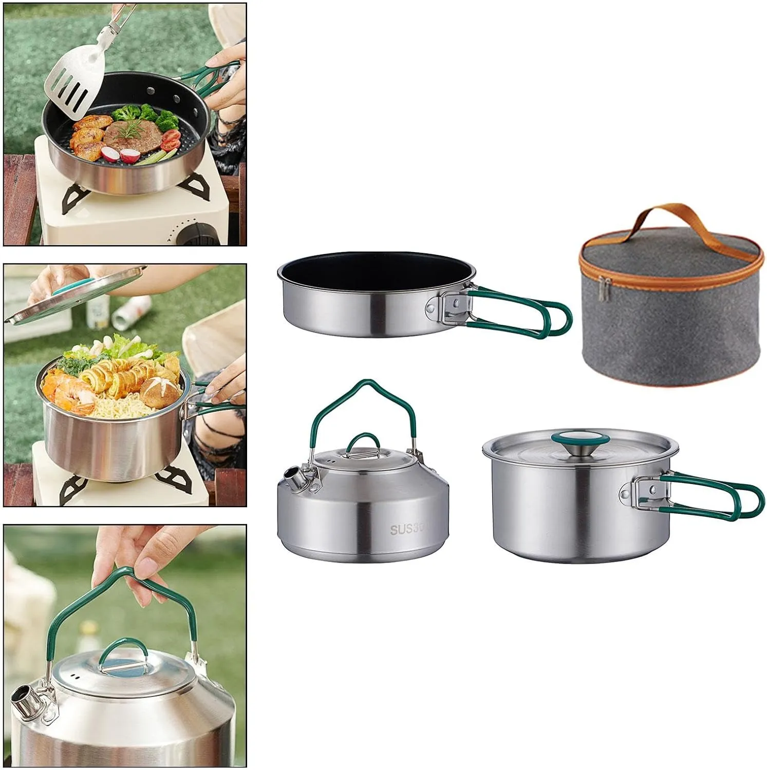 3X Camping Cooking Set Included Carry Bag Outdoor Cook Gear Stockpot Camping Cookware Frying Pan, Teapot, Kettle for Home BBQ