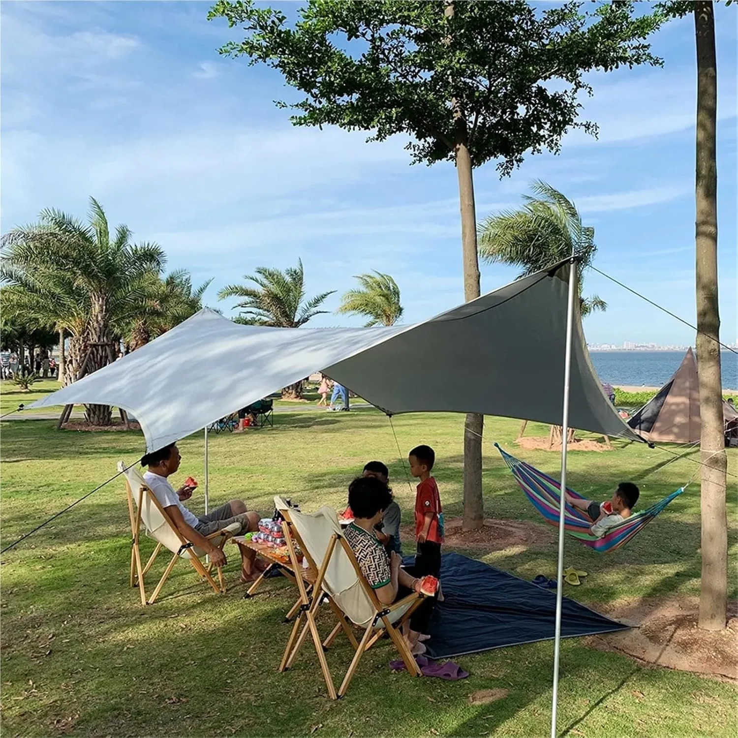 3x4m Camping Awning Outdoor Ultra-Light Sunshade Canopy Flysheet Tent Tarp Sun Shelter Pergola for Tourism Garden Picnic(White)