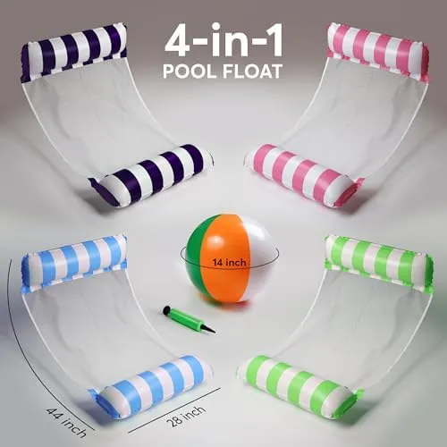 4 Pack Inflatable Hammock Pool Floats with Air Pump and Ball. 4-in-1 Design Conversion. Adult Size Pool Floaties Toys, Multi-Purpose Floats for Swimming Pool, Saddle, Lounge Chair, Hammock, Drifter.