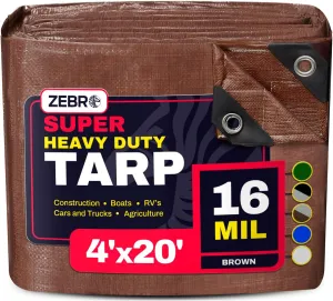 4' x 20' Brown Heavy Duty Tarp with Grommets Reinforced - 16 Mil Thick - Double Sided Plastic Tarps Waterproof - Large Tarpaulin Cover for Outdoor Camping Over/Under Tent Tarp RV Roof Rain - Zebro