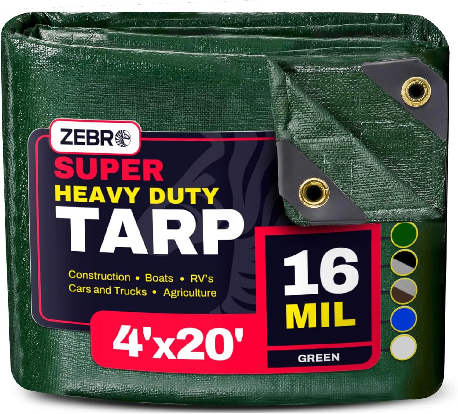 4' x 20' Green Heavy Duty Tarp with Grommets Reinforced - 16 Mil Thick - Double Sided Plastic Tarps Waterproof - Large Tarpaulin Cover for Outdoor Camping Over/Under Tent Tarp RV Roof Rain - Zebro