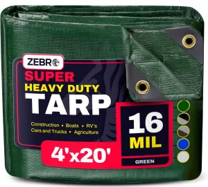 4' x 20' Green Heavy Duty Tarp with Grommets Reinforced - 16 Mil Thick - Double Sided Plastic Tarps Waterproof - Large Tarpaulin Cover for Outdoor Camping Over/Under Tent Tarp RV Roof Rain - Zebro