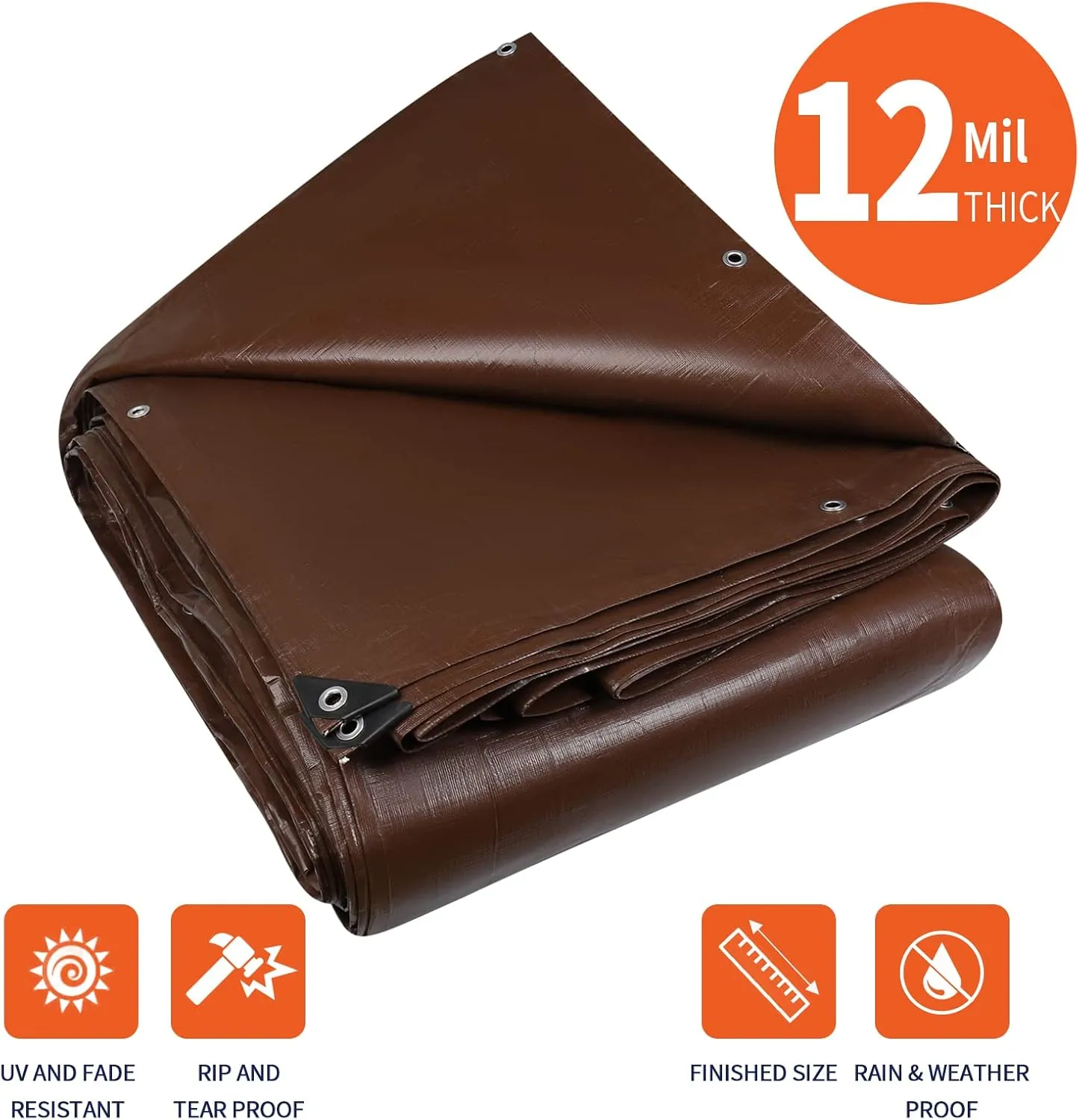 [40'X40'] RSW Heavy Duty Waterproof 12 Mil Safety Reversible Tarp Cover, UV Resistant, Rip and Tear Proof Tarpaulin with Reinforced Edges - for Roof, Camping, Patio, Pool Cover, Boat (Brown/Silver)