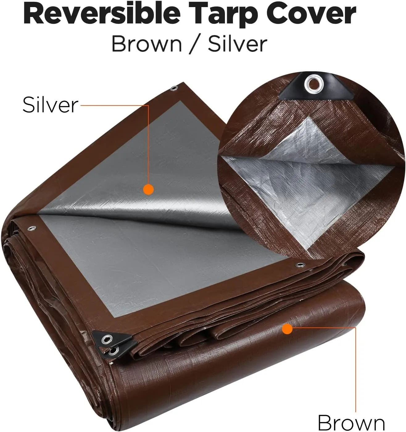 [40'X40'] RSW Heavy Duty Waterproof 12 Mil Safety Reversible Tarp Cover, UV Resistant, Rip and Tear Proof Tarpaulin with Reinforced Edges - for Roof, Camping, Patio, Pool Cover, Boat (Brown/Silver)