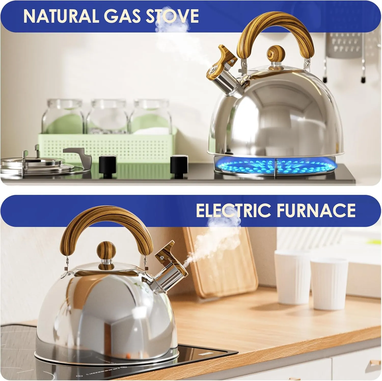 4.2 Quart Tea Kettle Stovetop Whistling for Stove Top Food Grade Stainless Steel Tea Kettles with Cool Wood Pattern Handle, Handle Silver