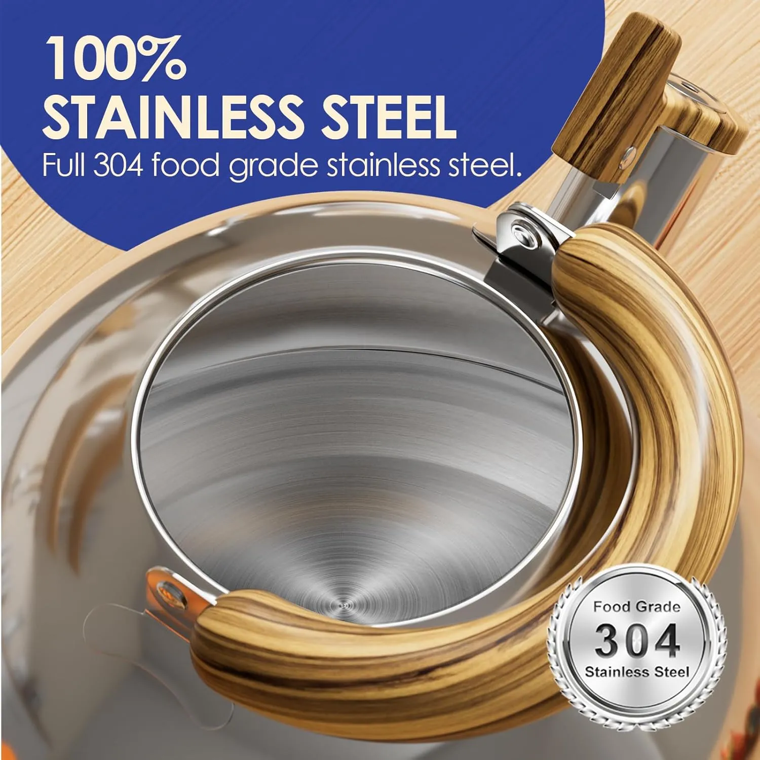 4.2 Quart Tea Kettle Stovetop Whistling for Stove Top Food Grade Stainless Steel Tea Kettles with Cool Wood Pattern Handle, Handle Silver