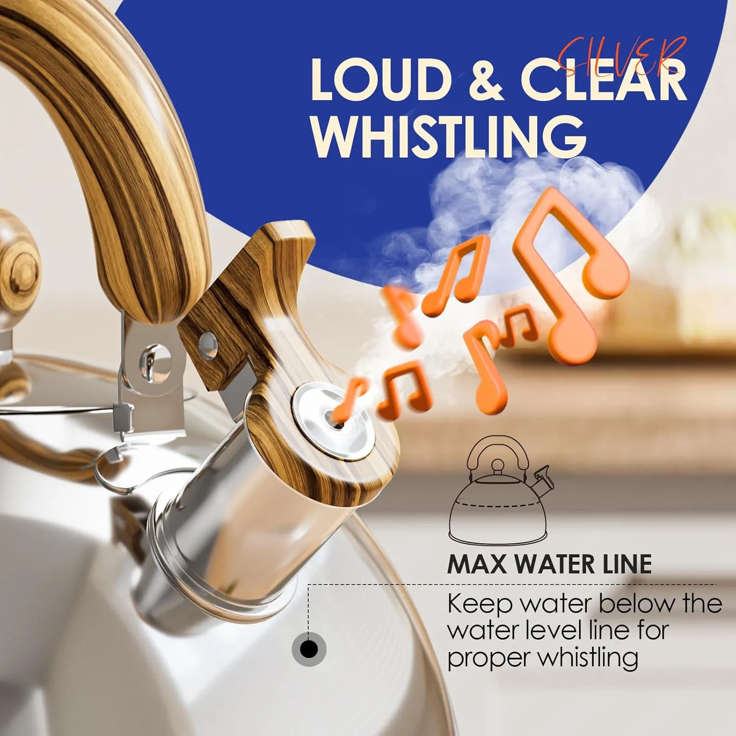4.2 Quart Tea Kettle Stovetop Whistling for Stove Top Food Grade Stainless Steel Tea Kettles with Cool Wood Pattern Handle, Handle Silver
