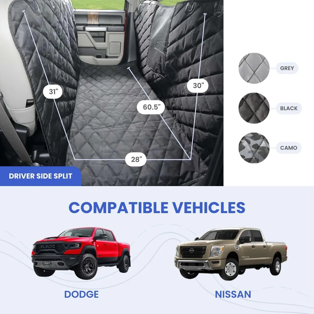 4Knines Dog Floor Hammock for Truck & Crew Cab with Fold Up Seats – Back Seat Pet Cover for Dogs – Compatible with Ram and Nissan Full Size Trucks (Driver Side Split, Grey)