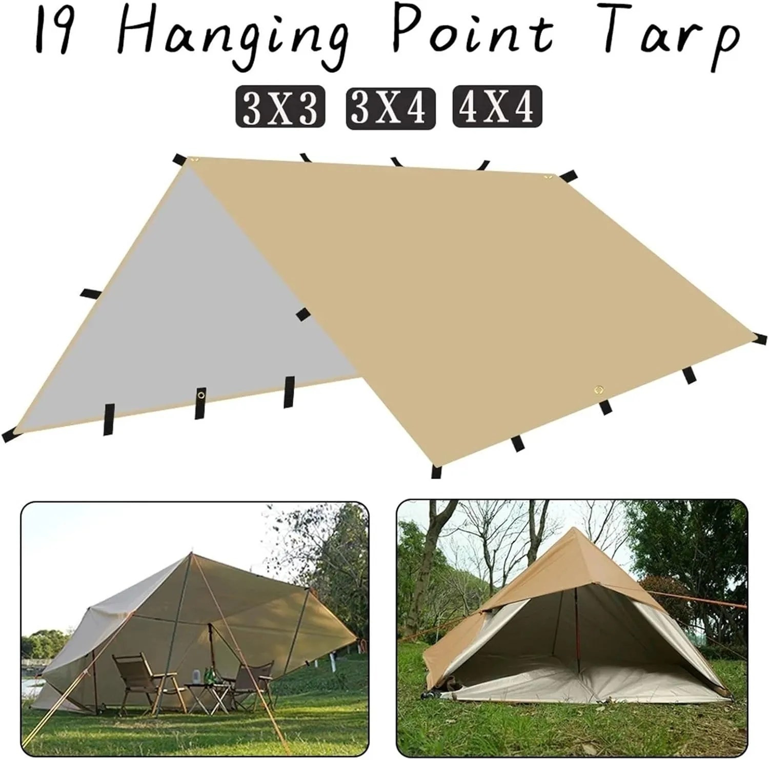 4x4m 4x3m 3x3m 19 Hang Points Tent Tarp Survival Sun Shelter Shade Canopy Outdoor Backpacking Waterproof Camping Awning Sunshade for Outdoors, Picnic(3x3.0m Khaki)