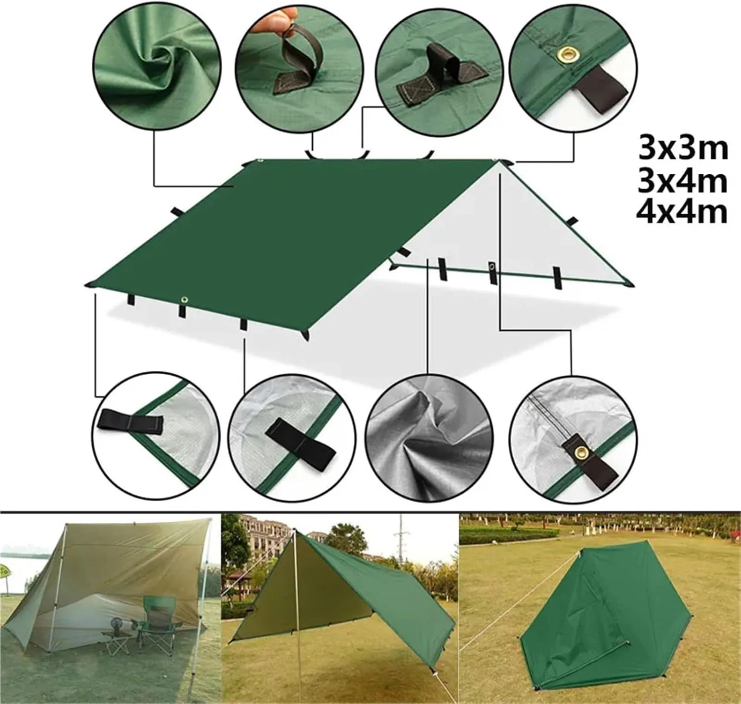 4x4m 4x3m 3x3m 19 Hang Points Tent Tarp Survival Sun Shelter Shade Canopy Outdoor Backpacking Waterproof Camping Awning Sunshade for Outdoors, Picnic(3x3.0m Khaki)