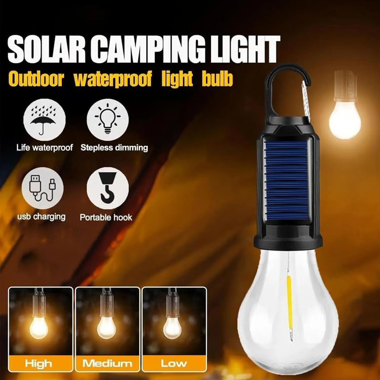 5 Pcs Solar Rechargeable Hooked Camping Light & 5 Lights Waterproof LED Camping Lantern with 3 Modes USB/Solar Charging for Hiking, Fishing & Emergency Use (Indoor/Outdoor) (C, Without Gifts)