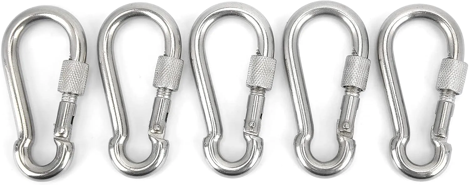 5Pcs Locking Carabiners Clip,Spring Snap Hook, Heavy Duty Carabiner Clip with Nut Lock for Rock Climbing, Rappelling, Stainless Steel, High Load Bearing Capability