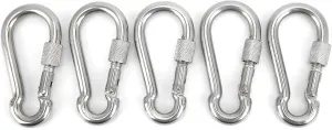 5Pcs Locking Carabiners Clip,Spring Snap Hook, Heavy Duty Carabiner Clip with Nut Lock for Rock Climbing, Rappelling, Stainless Steel, High Load Bearing Capability