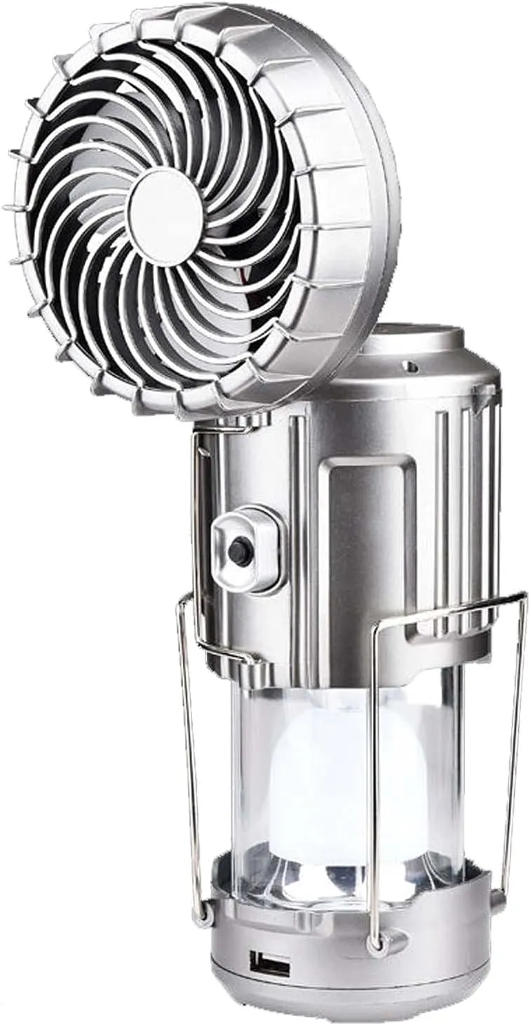 6 in 1 Portable Outdoor LED Camping Lantern with Fan, Waterproof Multi-Function Lanterns, USB Rechargeable Personal Fan,for Hiking Camping Hunting Fishing (Silver)