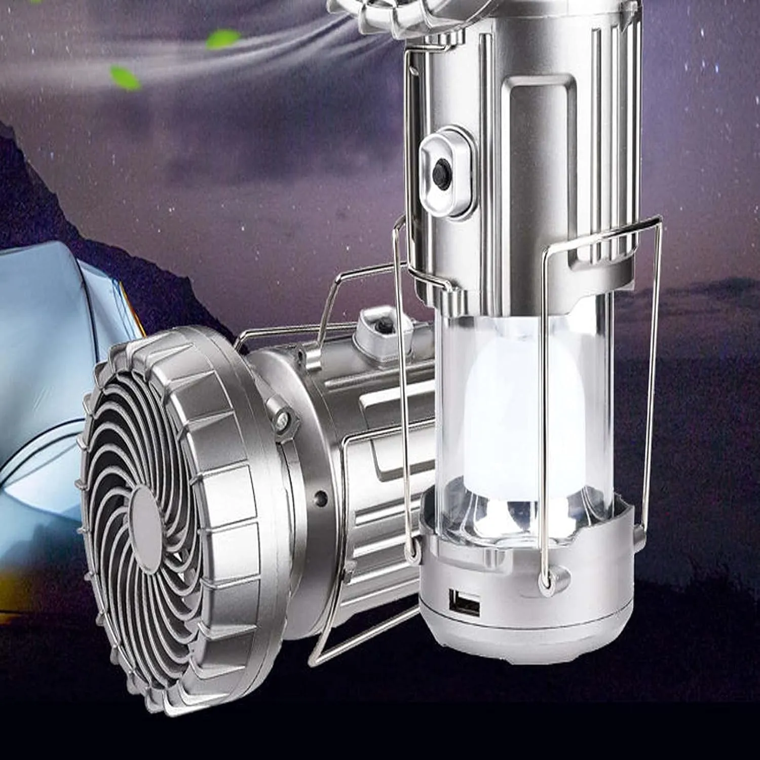 6 in 1 Portable Outdoor LED Camping Lantern with Fan, Waterproof Multi-Function Lanterns, USB Rechargeable Personal Fan,for Hiking Camping Hunting Fishing (Silver)