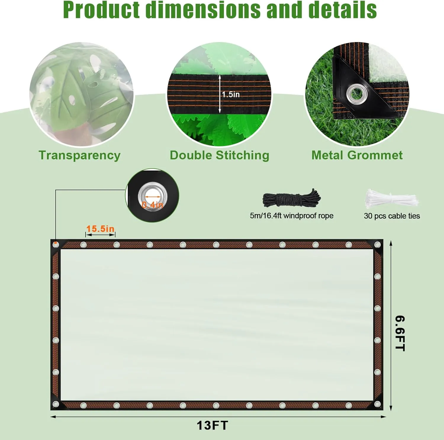 6.6x13ft Clear Waterproof Tarps Heavy Duty Transparent Tarpaulins Clear Vinyl Tarps with Grommet, Outdoor Transparent Cover for Greenhouse, Patio, Porches, Tent, Chicken Coop