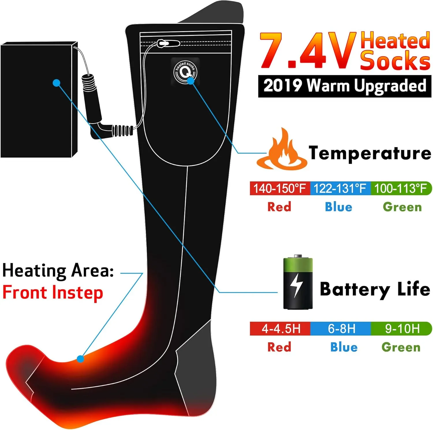 7.4V Heated Socks,Rechargeable Electric Heated Socks Camping Foot Warmer Winter Warm Socks for Men Women-Battery Heat Thick Cotton Thermal Hot Heat Sock for Outdoor Cycling Skiing Hiking,3Heat