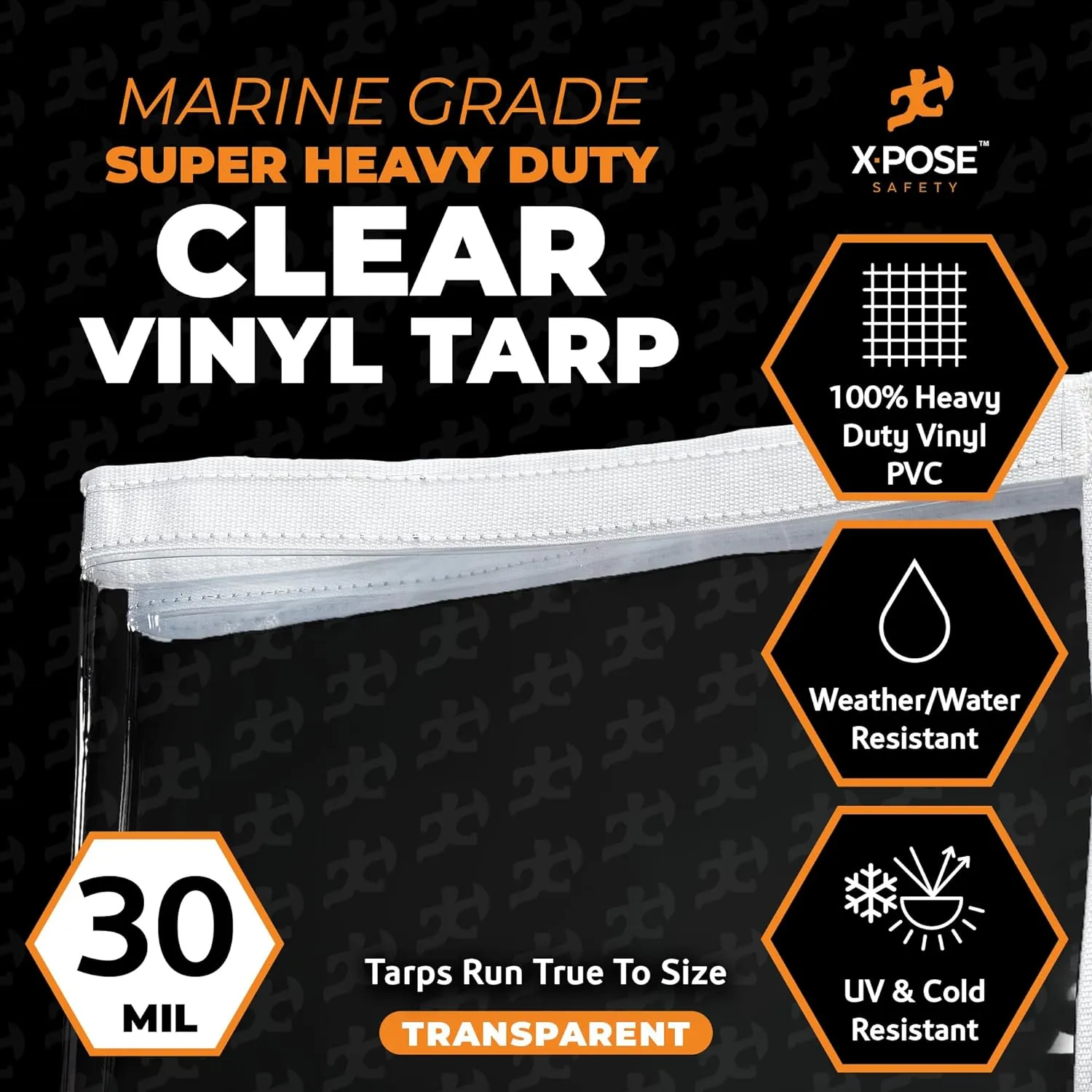 8' x 8' Clear Vinyl Tarp - 30 Mil Super Heavy Duty Transparent Waterproof PVC Tarpaulin with Brass Grommets - for Patio Enclosure, Temporary Wall, Camping, Tent Cover, Canopy - by Xpose Safety