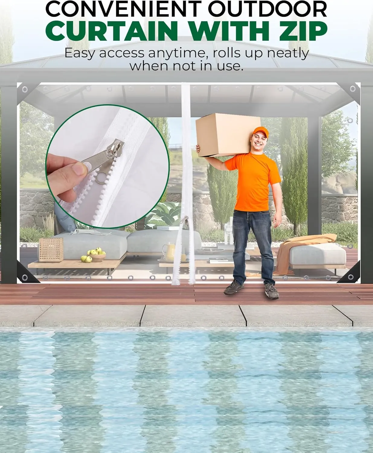 8'H x7'W Outdoor Vinyl Curtain 19oz Clear Tarps with Zipper,Vinyl Patio Enclosure,Outdoor Curtains Heavy Duty Waterproof Transparent Tarp with Grommets for Gazebo Porch Balcony Pergola