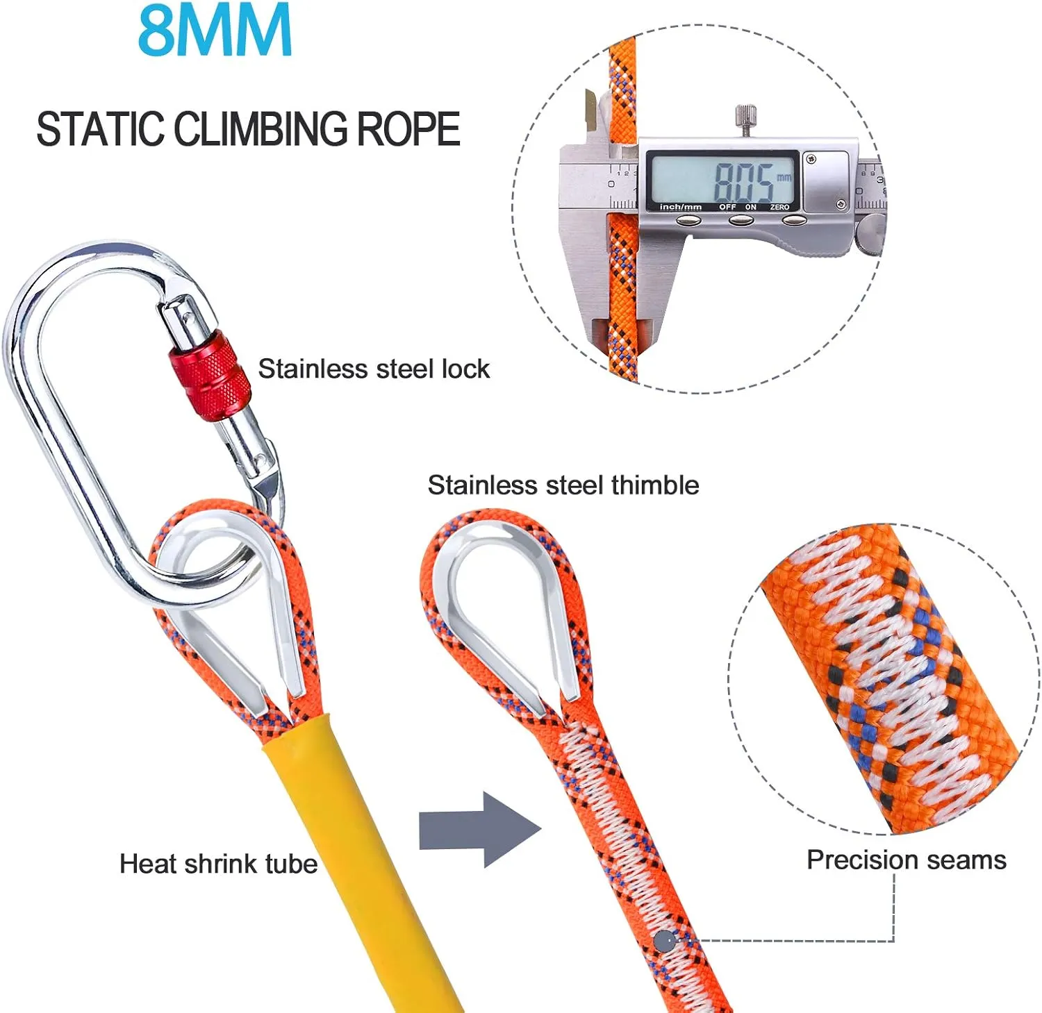 8MM Climbing Rope, 32ft/65ft/98ft/165ft/246ft High Strength Outdoor Safety Static Rock Climbing Rope, Escape Rope, Rappelling Rope, Fire Rescue Parachute Rope