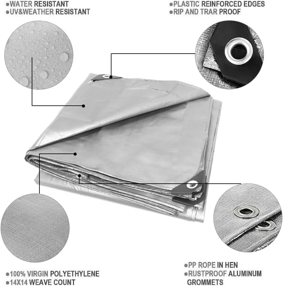 8x10 Ft Tarps Heavy Duty Poly Tarp Cover with Grommets and Tear Resistant, PVC Boat Waterproof Canopy Suitable for Roofing, Patio, Camping, Truck, Yacht, Protective Cover