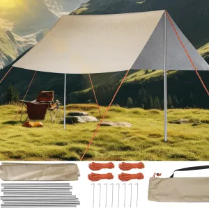 9. 8 x 9. 8 ft Camping Tent Tarp with Poles 480 D Oxford Cloth Waterproof Canopy Uv-Resistant Adjustable Height Canopy for Sandbox Backyard Hiking Picnic Backpacking Outdoor Activities