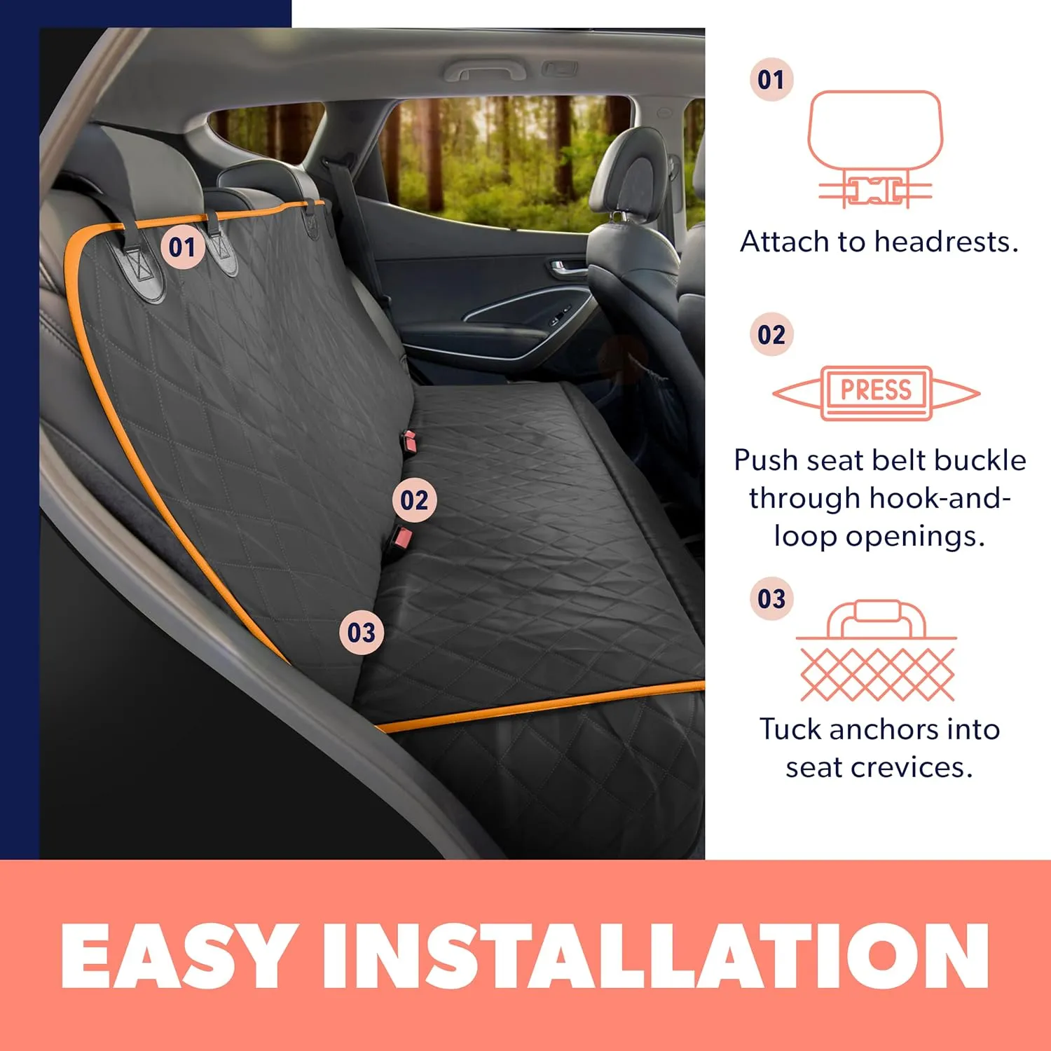 Active Pets Dog Car Seat Cover for Back Seat - Waterproof Pet Back Seat Cover for Trucks, Sedans & SUVs - Use with Chom Chom Roller Pet Hair Remover. Orange XL