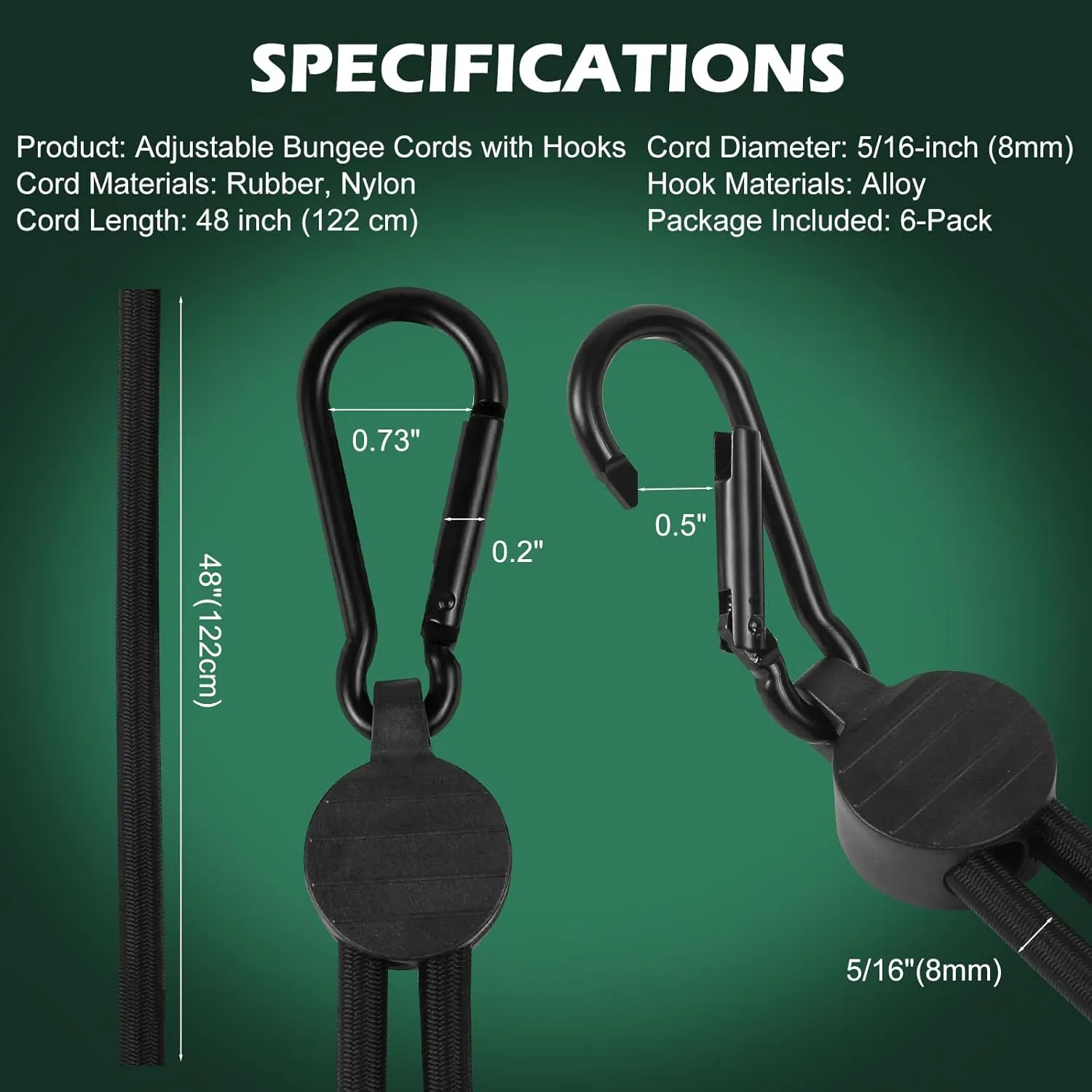 Adjustable Bungee Cords with Hooks, 6 Pack Thick Elastic Straps, Easy to Lengthen and Resecure (7"-48")– Strong, Stretchy Tie Downs with Secure Hooks for Cargo, Camping, Tents, Luggage – All-Weather