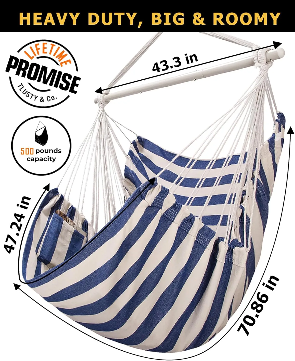 ADVOKAIR Hammock Chair Hanging Chair Rope Swing XXL - Max 500lbs, 70in Large Hammock Swing Chair -Portable Steel Spreader Bar with Anti-Slip Rings-Roomy & Strong
