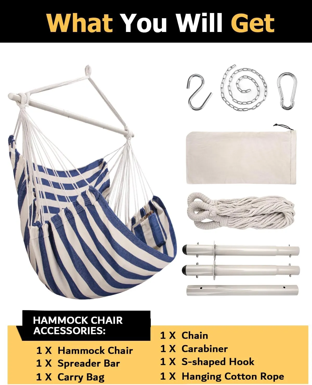 ADVOKAIR Hammock Chair Hanging Chair Rope Swing XXL - Max 500lbs, 70in Large Hammock Swing Chair -Portable Steel Spreader Bar with Anti-Slip Rings-Roomy & Strong