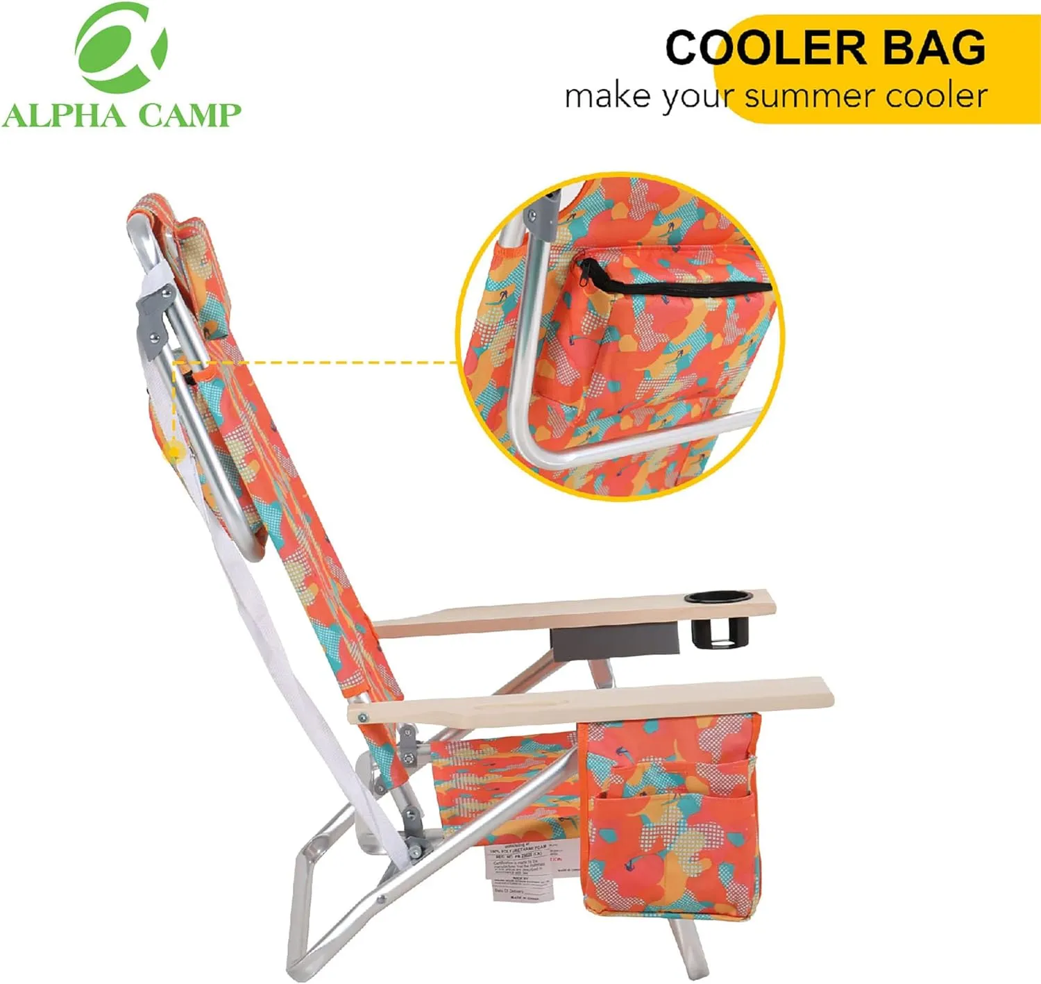 ALPHA CAMP Beach Chair With Cooler Bag Oversized Heavy Duty Steel Frame Support 250 LBS Collapsible Padded Camping Folding Chair with Cup Holder Quad Lumbar Back Chair Portable for Outdoor/Indoor，Camo