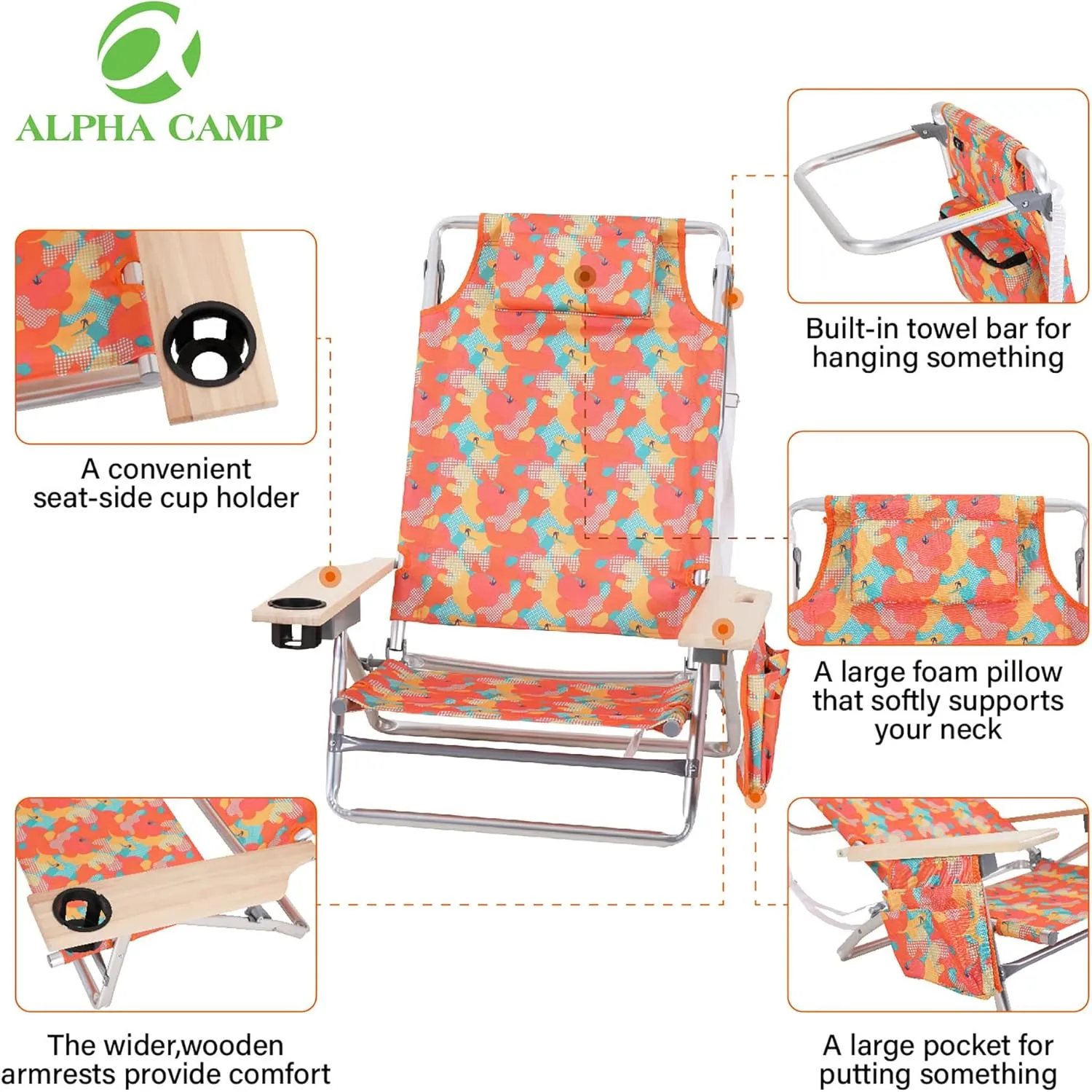 ALPHA CAMP Beach Chair With Cooler Bag Oversized Heavy Duty Steel Frame Support 250 LBS Collapsible Padded Camping Folding Chair with Cup Holder Quad Lumbar Back Chair Portable for Outdoor/Indoor，Camo