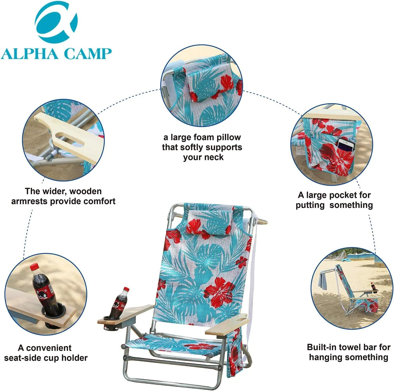 ALPHA CAMP Camping Folding Beach Chair Oversized Heavy Duty Steel Frame Support 250 LBS Collapsible Padded Arm Chair with Cup Holder Quad Lumbar Back Chair Portable for Outdoor/Indoor,Flower