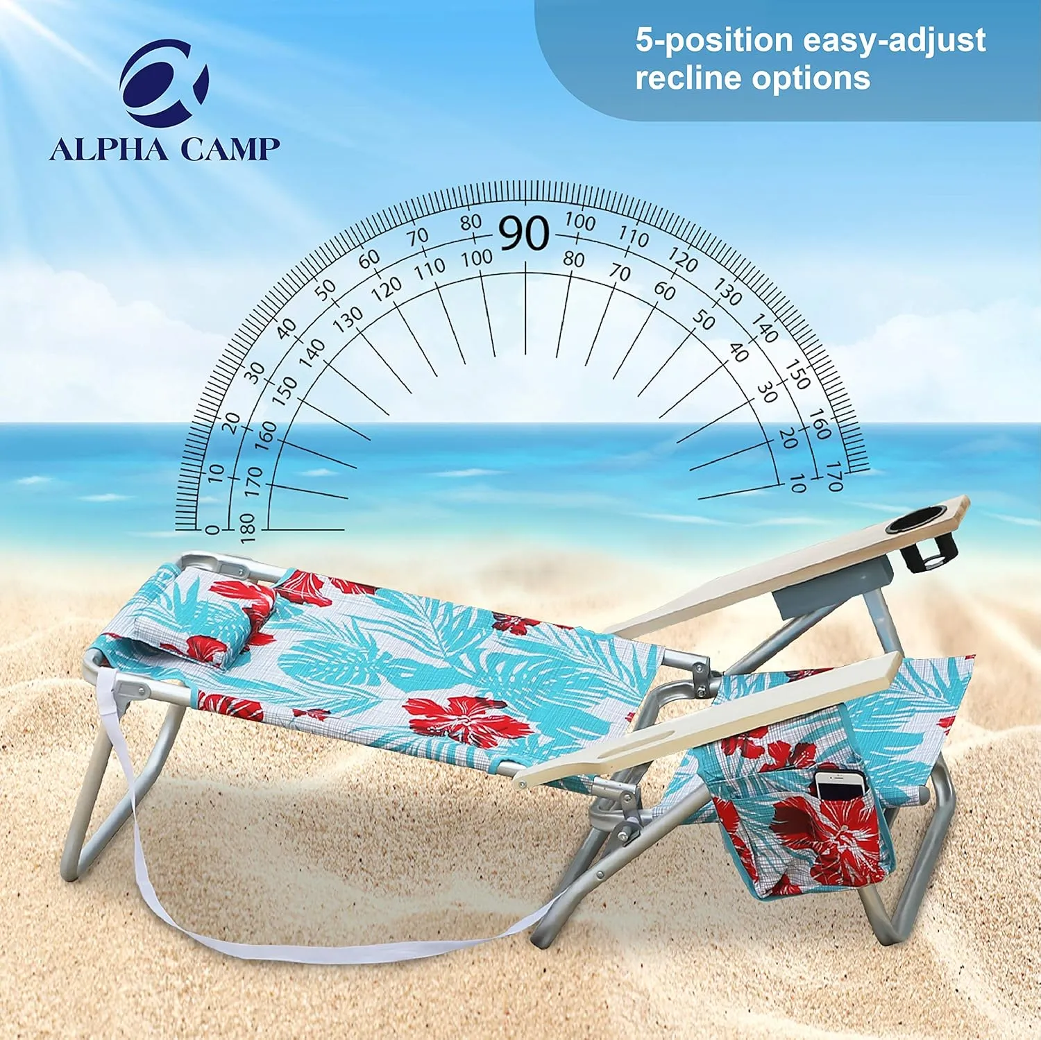 ALPHA CAMP Camping Folding Beach Chair Oversized Heavy Duty Steel Frame Support 250 LBS Collapsible Padded Arm Chair with Cup Holder Quad Lumbar Back Chair Portable for Outdoor/Indoor,Flower
