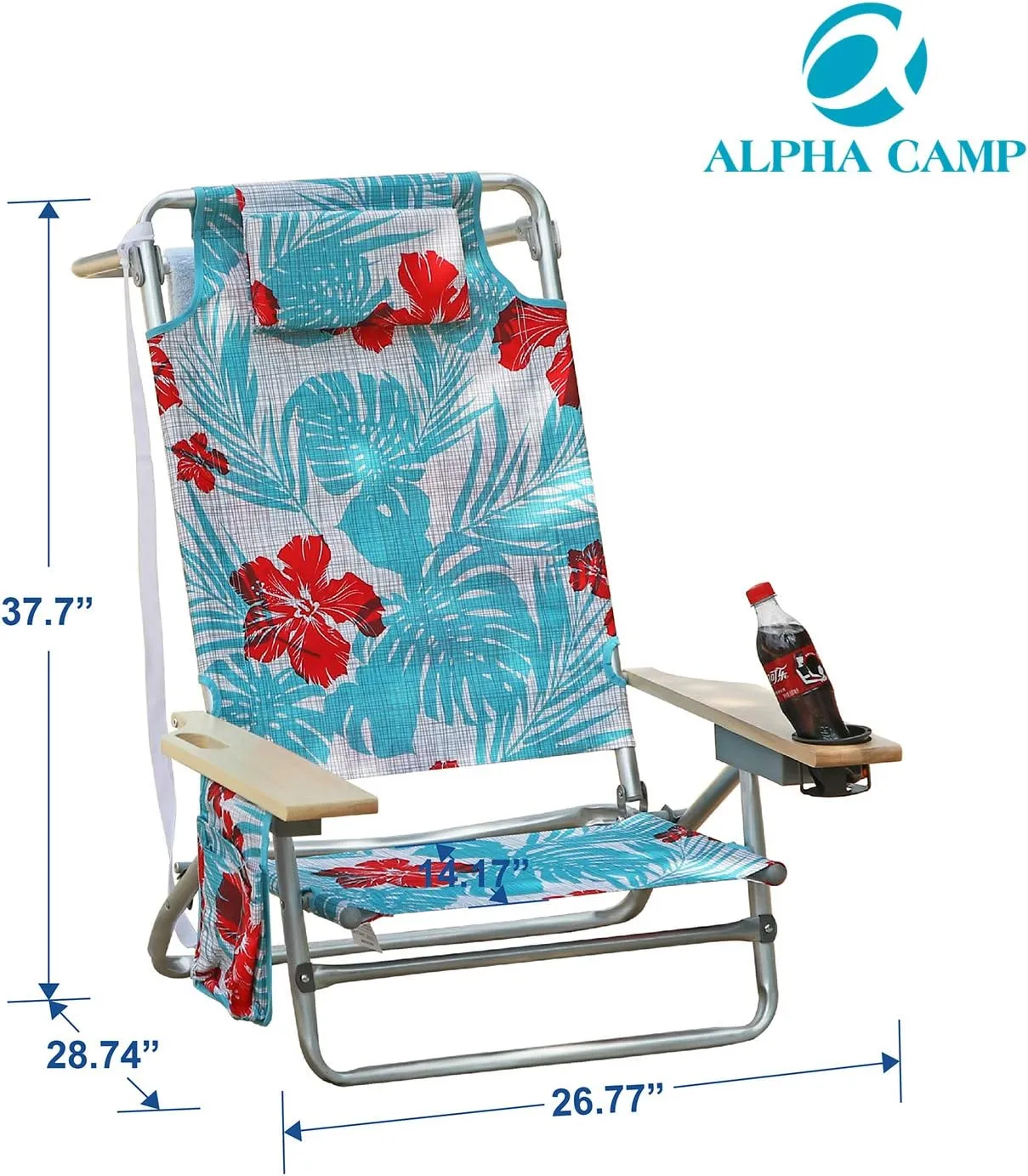 ALPHA CAMP Camping Folding Beach Chair Oversized Heavy Duty Steel Frame Support 250 LBS Collapsible Padded Arm Chair with Cup Holder Quad Lumbar Back Chair Portable for Outdoor/Indoor,Flower