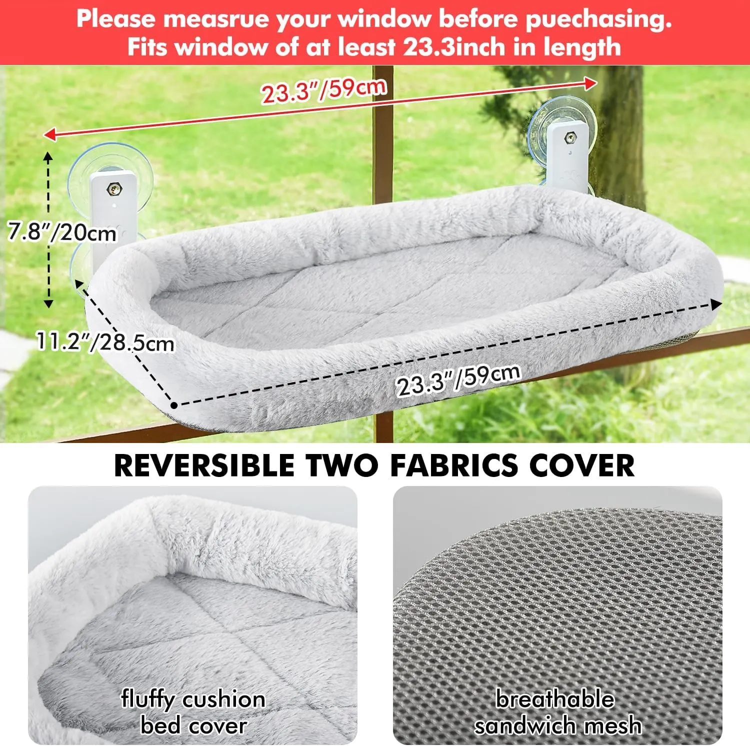 AMOSIJOY Cordless Cat Window Perch, Cat Hammock for Wall with 4 Strong Suction Cups, Solid Metal Frame and Two Replaceable Covers, Foldable Cat Beds for Indoor Cats (Large-Cushion Bed-Gray)