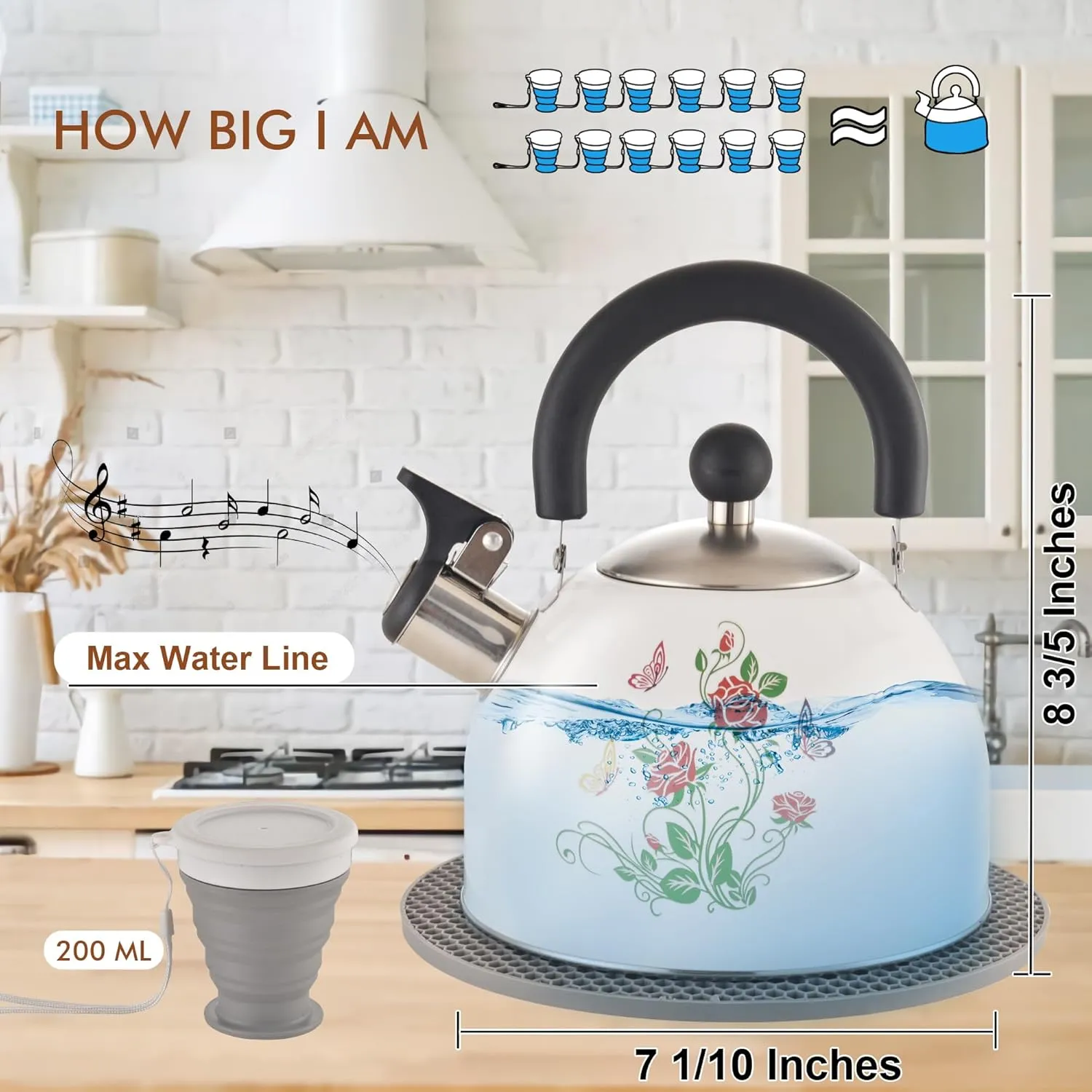 ARC Stainless Steel Whistling Tea Kettle, Magic Color Changing Design 2-Quart Stovetop Kettle Whistle White Teapot with Folding Cup & Trivet Mat