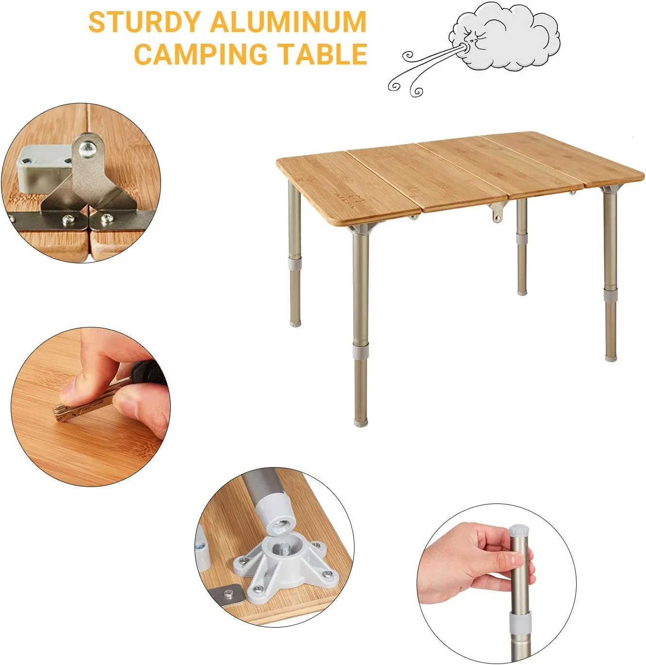 ATEPA Wooden Folding Table, Adjustable Height Folding Tables Environmental Bamboo Camping Table with Aluminum Legs Carry Bag for Travel Picnic Beach Fishing Outdoor Indoor, 1-2 Person
