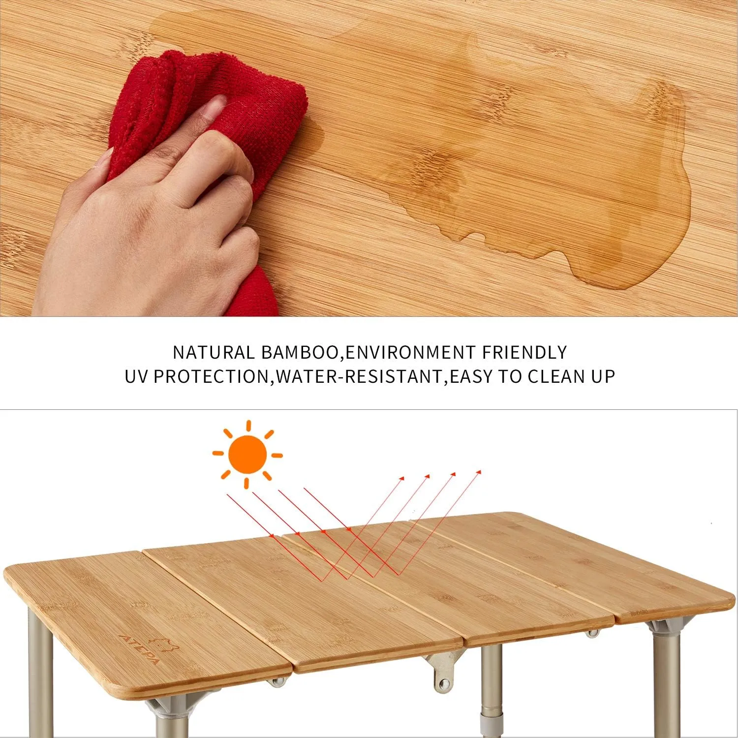 ATEPA Wooden Folding Table, Adjustable Height Folding Tables Environmental Bamboo Camping Table with Aluminum Legs Carry Bag for Travel Picnic Beach Fishing Outdoor Indoor, 1-2 Person